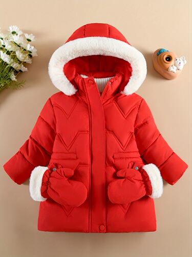 Women's children's snow clothes, small children's monochrome warm outerwear, stylish medium-length coat, cotton warm clothing for autumn and winter, lined inner jacket.