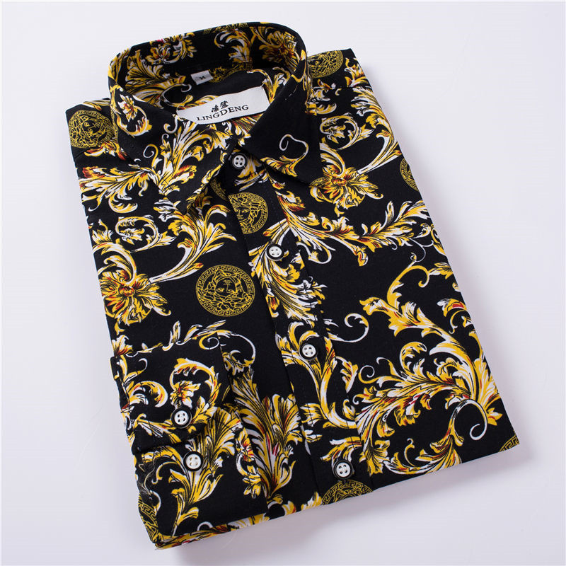 1508-C54-P18 Men's Wrinkle-Free Slim Fit Printed Shirt Trendy Floral Long Sleeve Shirt Plus Size