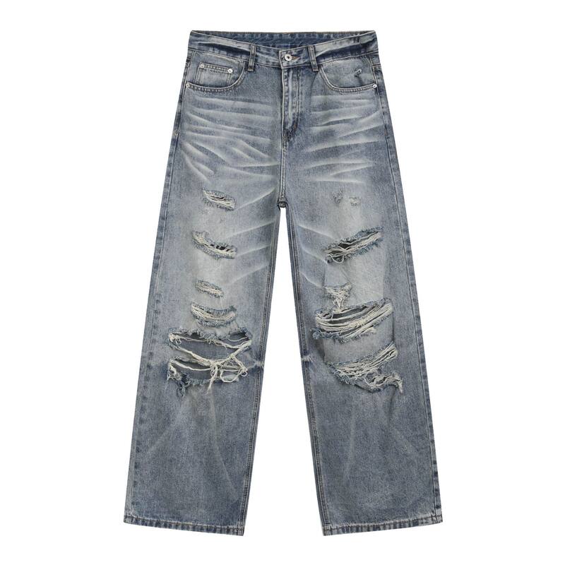 Quần jean nam rách phong cách retro Mỹ dáng rộng ống đứng, quần dài casual — Màu xanh dương