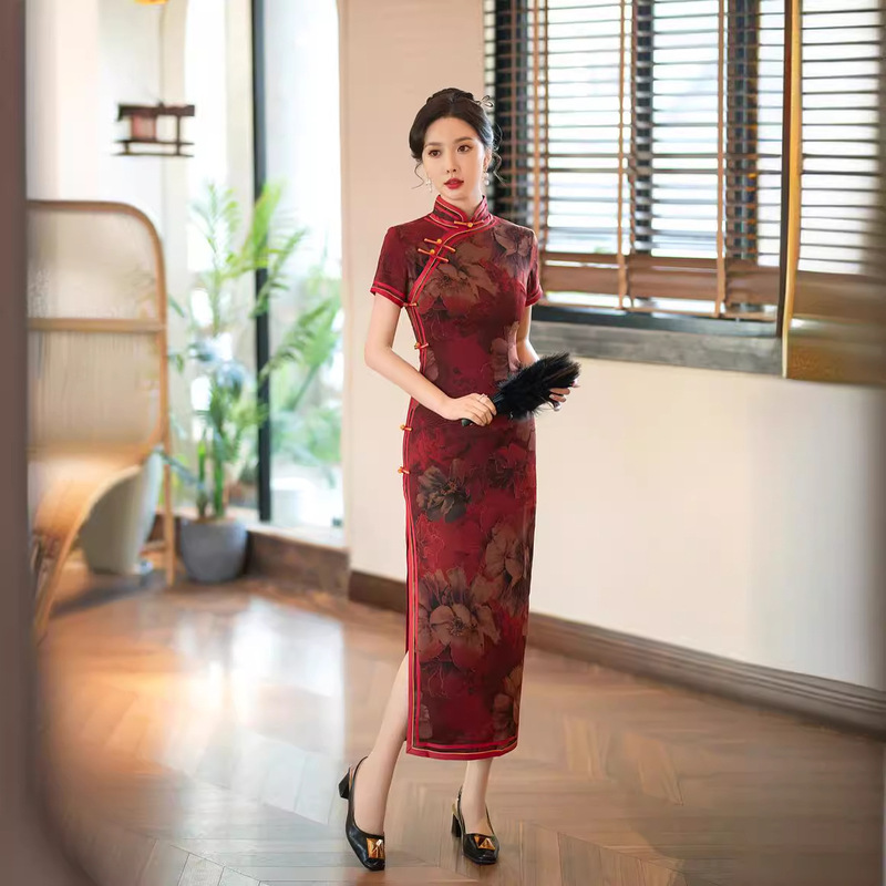 Chinese style long wide-brimmed short-sleeved cheongsam 2024 spring and summer new traditional ethnic style double-sided flower cheongsam dress