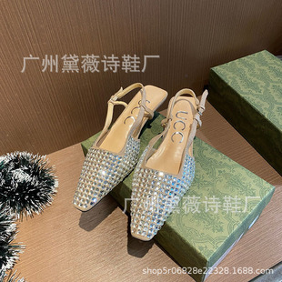 Mesh Baotou Sandals Women's 2022 Summer New G Home One Character Buckle Belt Rhinestone Square Head Cat Heel Fashion High Heel Shoes s