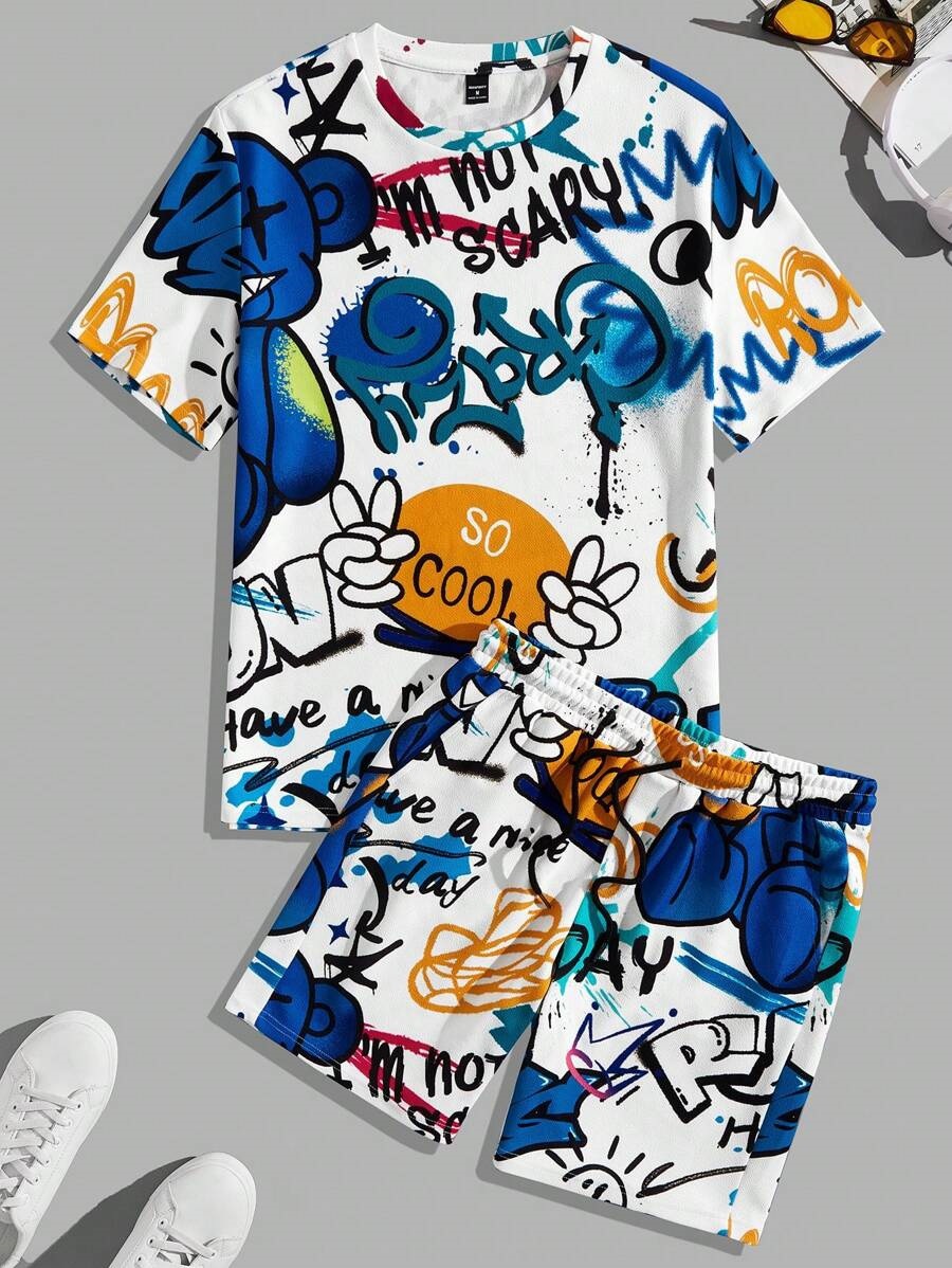 Tendencia colorido graffiti 3D estampado spot traje de hombre camiseta traje de hombre cuello redondo pantalones cortos con cordón de manga corta