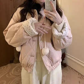 冬季新款粉色碎花双面穿棉服学生宽松棉袄小个子保暖棉衣外套