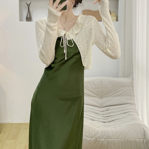 Sweet and versatile lace collar bow tie ice silk knit short open cardigan women's summer thin dress outer small shawl 