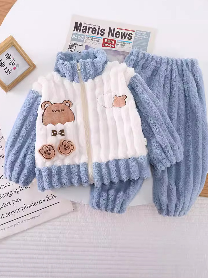Hombres y niñas invierno ropa casera con cremallera nueva ropa de bebé con pijamas de peluche gruesas de dos piezas