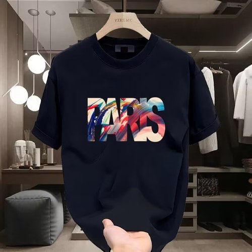 Paris Short-Sleeve Men's Hong Kong Style T-Shirt Heavyweight Trendy Versatile Summer Clothes Men's Streetwear Brand Loose American Retro High Street