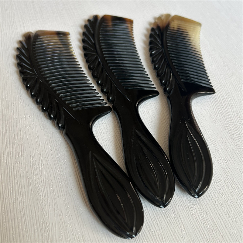 Yak Horn Comb 18cm Thick Carved Handle Comb Black Flower Pattern Hair Comb for Daily Grooming specifications