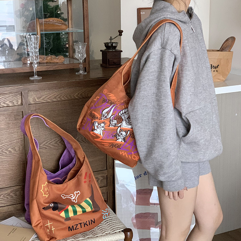 Bolsa de mano de gran capacidad, bolso de mano, bolso de hombro portátil, estilo coreano de perro salchicha encantador de dibujos animados.