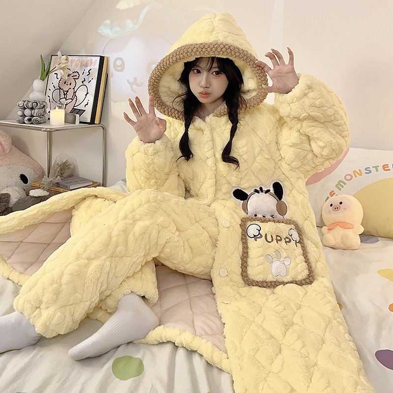 겨울 산호 양털 귀여운 여성용 파자마 3 층 퀼트 긴 후드 따뜻한 홈 의류 세트 여성용 외모