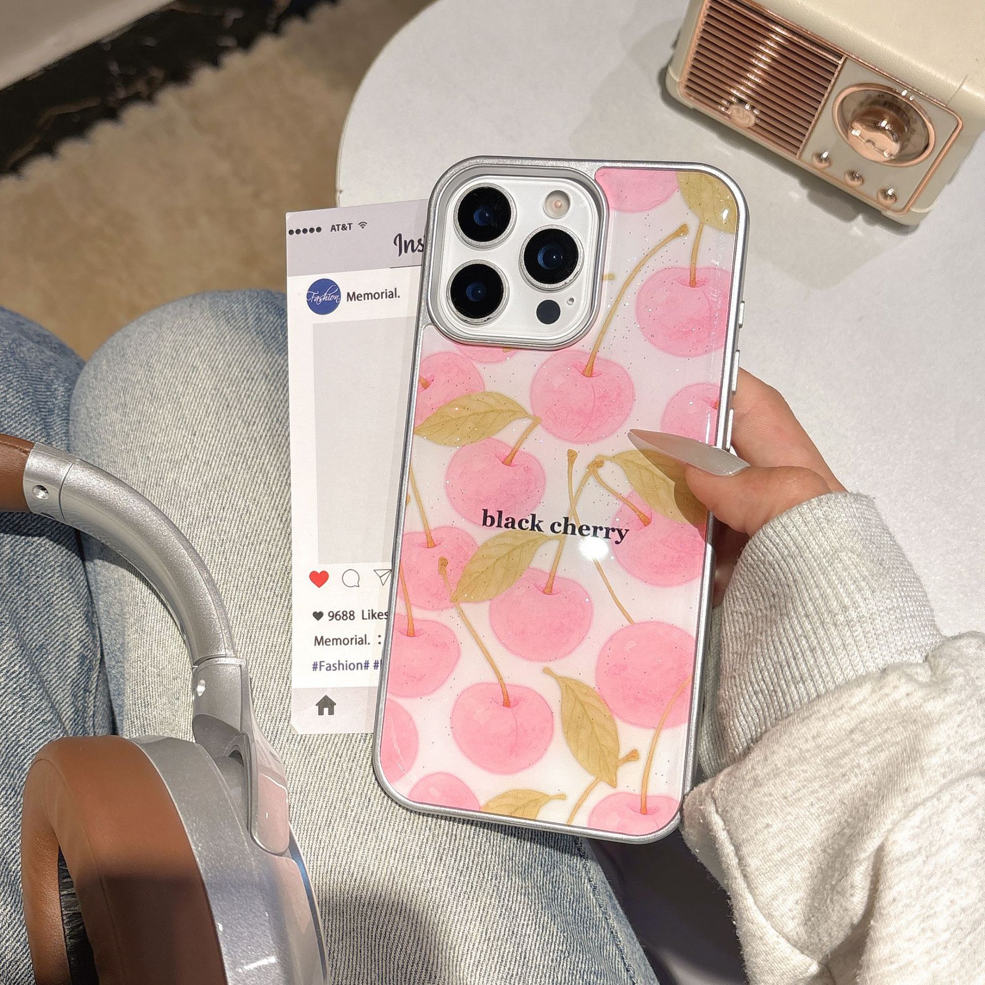 Chica rosa pequeña cereza fresca para iPhone16 funda para teléfono móvil 15ProMax epoxi 14Pro femenino 13 nuevo 15P