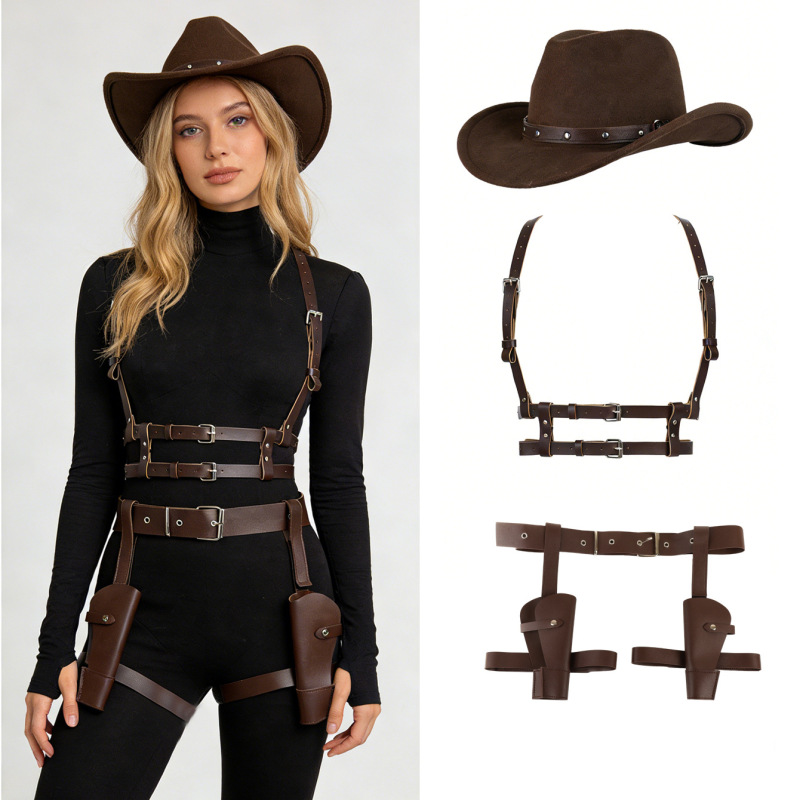 Hot-Selling Western Cowboy Hat for Women, Personalized Belt with Rivets, Punk Retro Strap, Tomb Raider Gun Holster