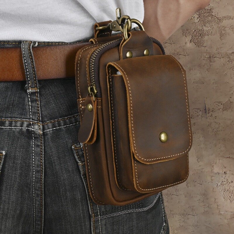 Ancient Chaoke Retro Crazy Horse Leather Waist Bag Top Layer Cowhide Wearing Belt Hanging Bag Genuine Leather Multifunctional 7-inch Mobile Phone Hanging Bag