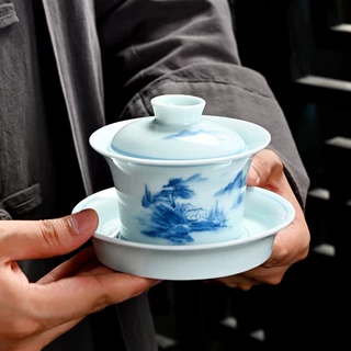 陶瓷青花大号手绘家用三才盖碗大号复古马蹄盖碗功夫茶具泡茶器