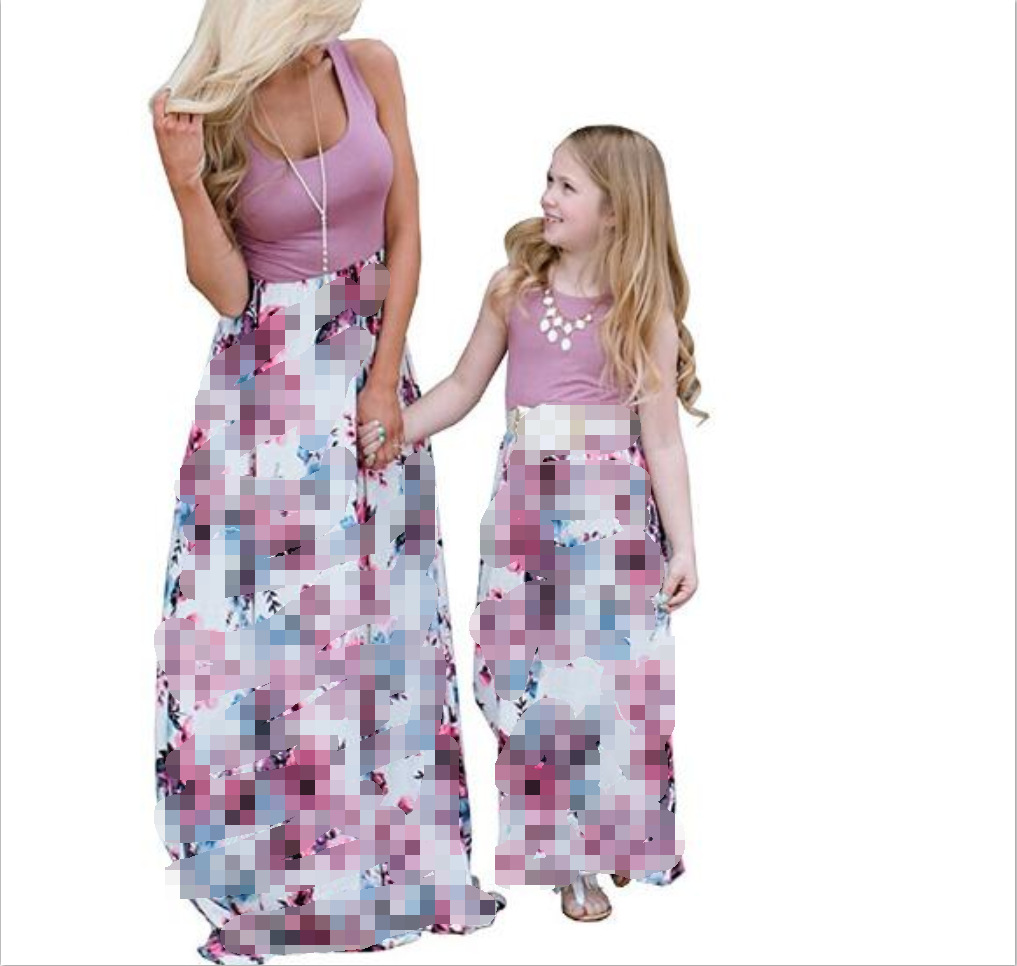 2022 spring and summer Foreign Trade WISH European and American fashion sleeveless clean color printing dress women's parent-child dress