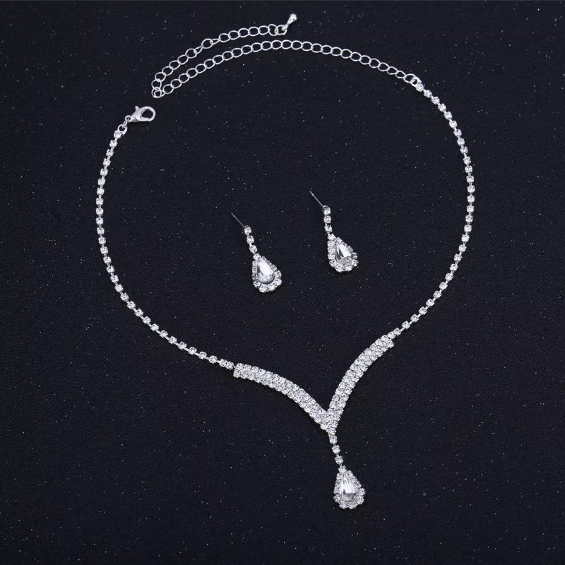 花嫁アクセサリー欧米ファッション満ドリルvネック水滴ペンダントネックレスピアスセットドリルイヤリングクロスボーダー女|undefined