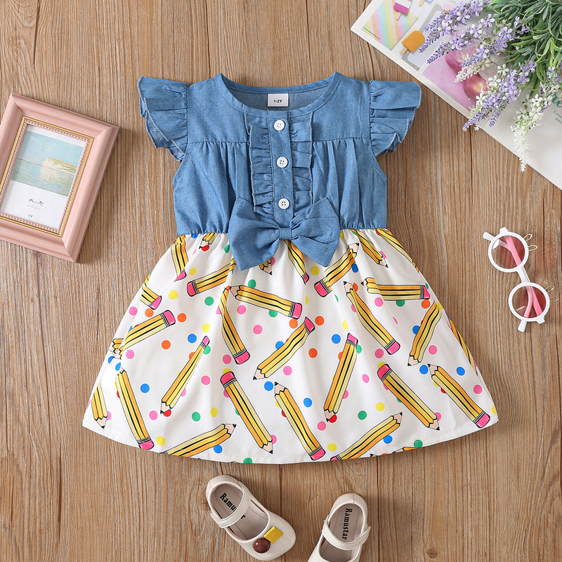 Girls' Summer Dress for Back-To-School Season, Children's Dress with Small Flutter Sleeves, Lace, Bow, Patchwork, Pencil, All-Over Print Dress