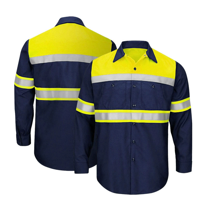 Foreign Trade Pure Cotton Reflective Long-Sleeve Work Shirt, Color-Blocking High-Visibility Night Workwear for Municipal Construction and Mechanical Repair