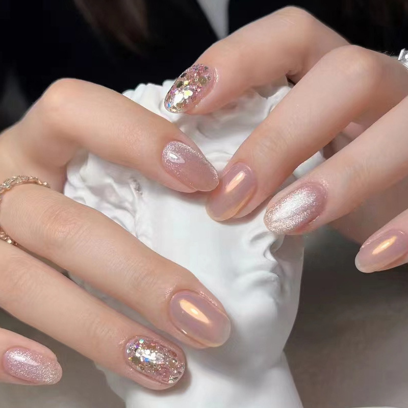 White gentle wind Aurora pink crystal cat eye jump color silver white glitter sequins wear nail detachable finished nail piece