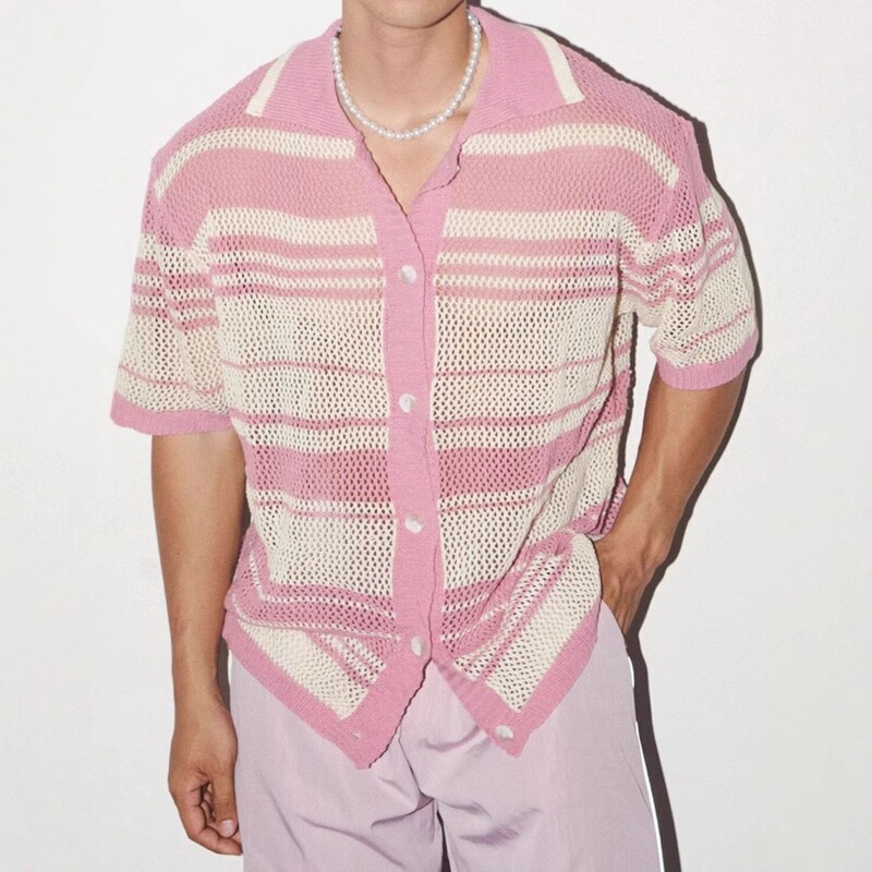 American Retro Casual Loose Short-Sleeved Knitted Shirt for Men, Summer Trendy Brand Hollow-Out Niche Lazy Style Striped Shirt