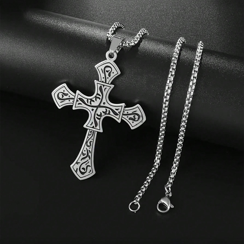 Titanium Steel Vintage Cross Long Necklace Pendant Ins Hot-Selling Unisex Pendant Retro Hip-Hop Punk Style