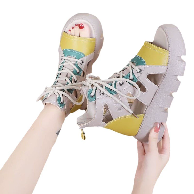 Сандалии, женские сандалии на толстой подошве в стиле ретро, модные сандалии на шнуровке с вырезами, новинка лета 2025, дышащая повседневная обувь на платформе