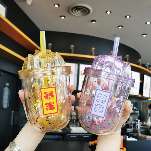 Manufacturer wholesale Korean version large diameter straw milk tea cup large capacity double layer student couple glitter AS plastic water cup