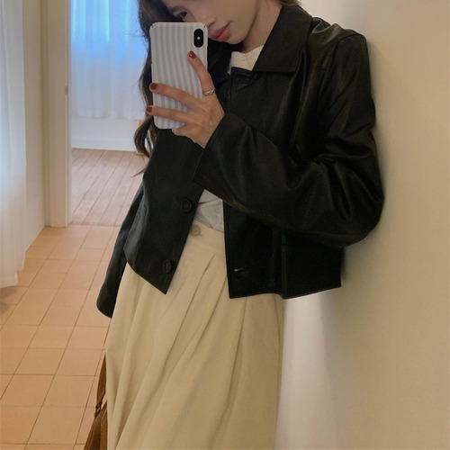法式短款外套韩版复古黑色翻领皮衣外套夹克