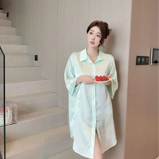 韩系简约风衬衫裙睡衣女冰雪丝长袖ins风春夏季可外穿家居服套装