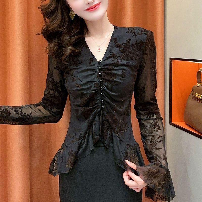 2025春季新款优雅V领网纱印花小衫荷叶边打底衫气质显蕾丝衫女|undefined