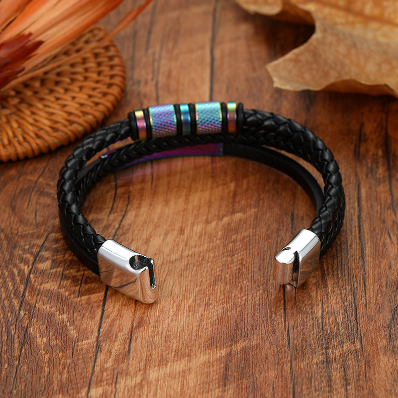 Leather Material Geometric, Customization Laser Engraving Pattern Punk Geometric Customization Laser Engraving Leather Plating Men's Bracelets Men Cord & Leather Bracelets