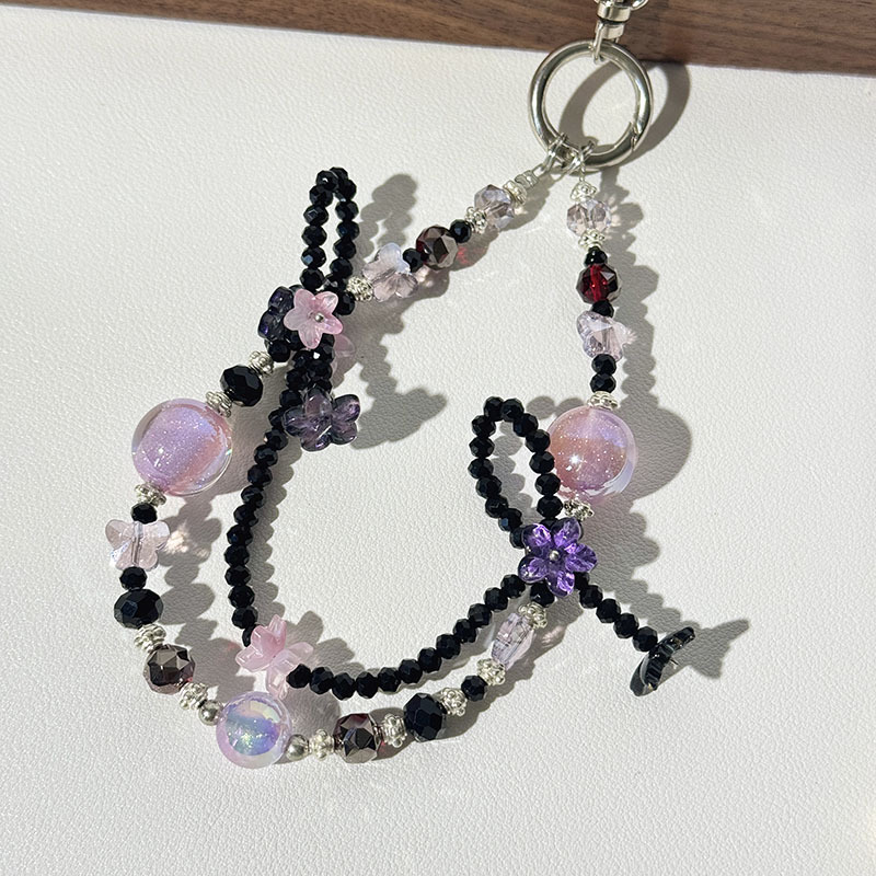 Black and Pink Flower-Wrapped Luminous Beads Mobile Phone Chain Sweet and Cool Style Mobile Phone Lanyard Bag Key Chain Pendant Mobile Phone Lanyard