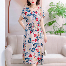 夏季新款大码宽松棉绸连衣裙女中老年女装碎花洋气遮肚妈妈时尚裙