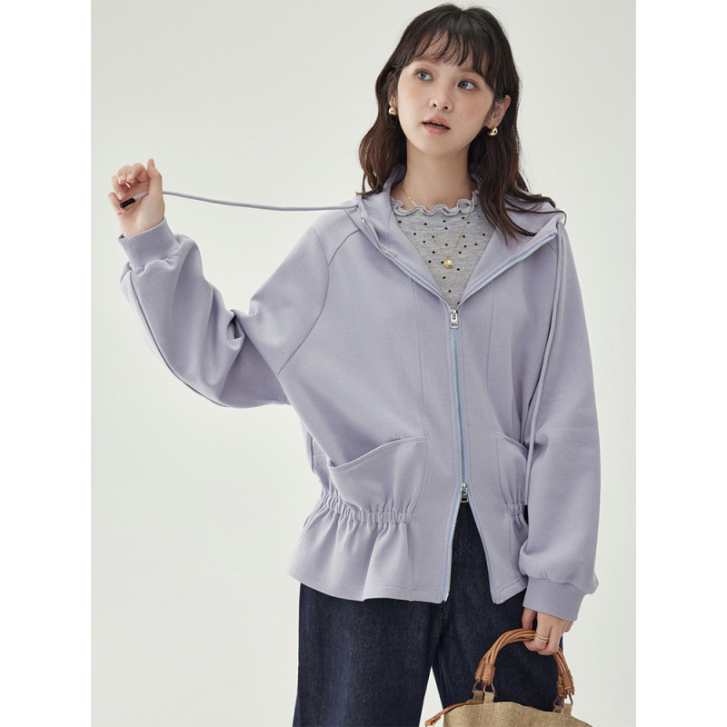 紫色卫衣女连帽外套2025秋季新款长袖拉链开衫橡筋收腰上衣设计感|undefined