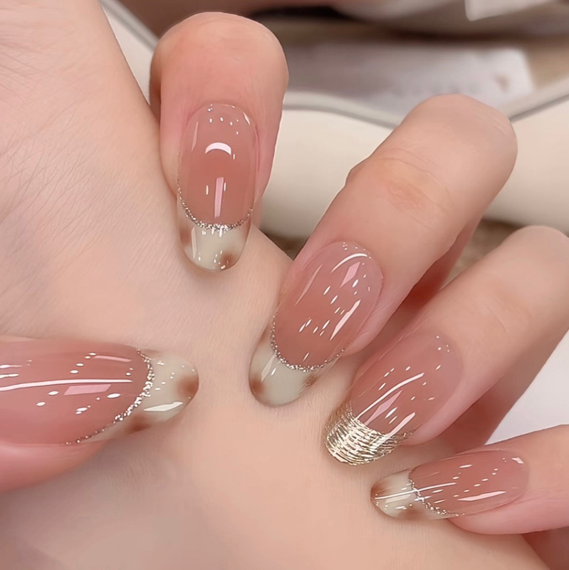 【Luminous】New Style Pure Handmade Wearable Nails with Gold Leopard Print, French Style, High-End, Skin-Brightening, Pure Handmade Wearable Nail Pieces 【Luminous】New Style Pure Handmade Wearable Nails with Gold Leopard Print, French Style, High-End, Skin-Brightening, Pure Handmade Wearable Nail Pieces