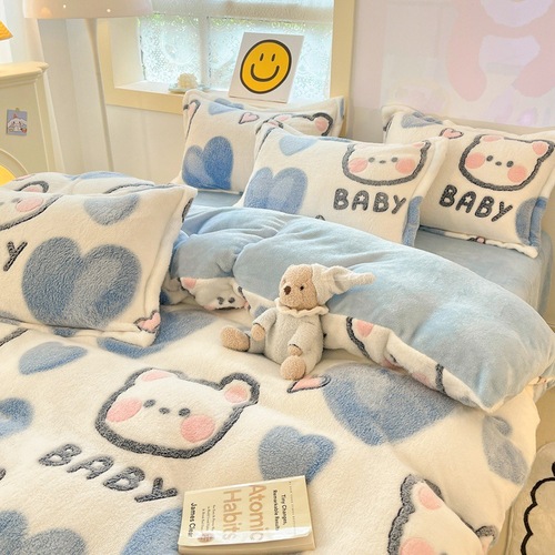 Snowflake velvet four-piece winter warm coral velvet cute cartoon style double-sided velvet 3D three-dimensional milk velvet four-piece set