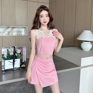 Lace patchwork two-piece backless vest skirt with bottom for women