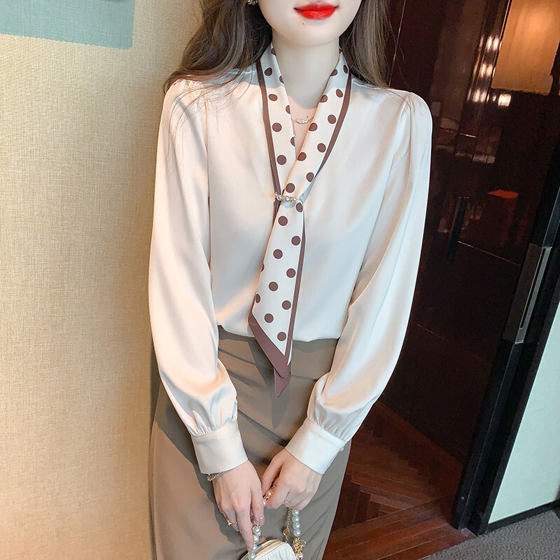 Korean style versatile printed bow long-sleeved professional shirt women's cross-border women's autumn new formal occasion top