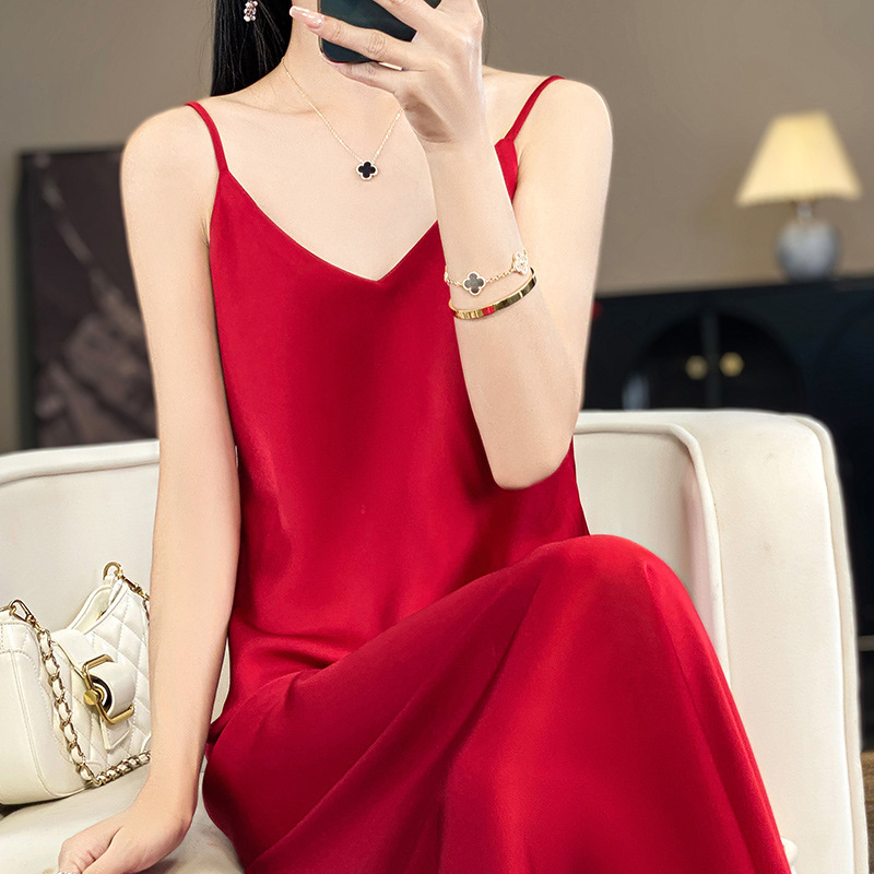 Sexy Gentle Silk Real Sling dress Women Textured Summer Black Sling Dress Acetic Satin Silk Long Dress