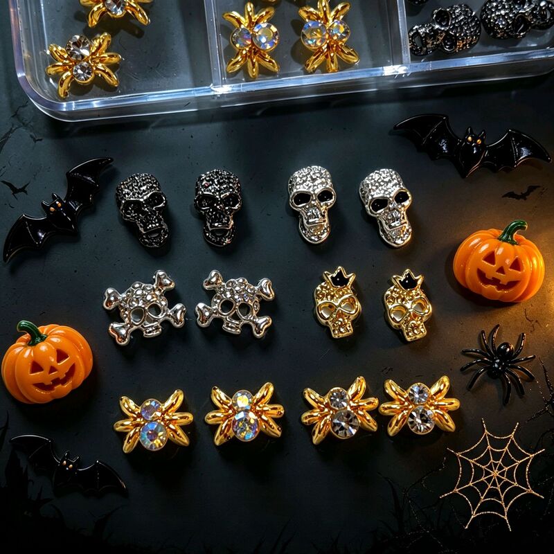 New cross-border Halloween dark spider nail art accessories, metal punk crown skull decorative nails with rhinestones