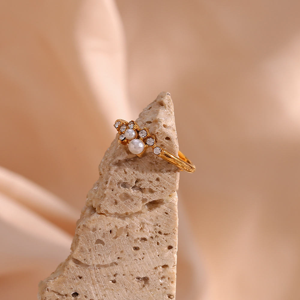 Fashion Geometric Stainless Steel Inlay Artificial Pearls Zircon Open Ring 1 Piece