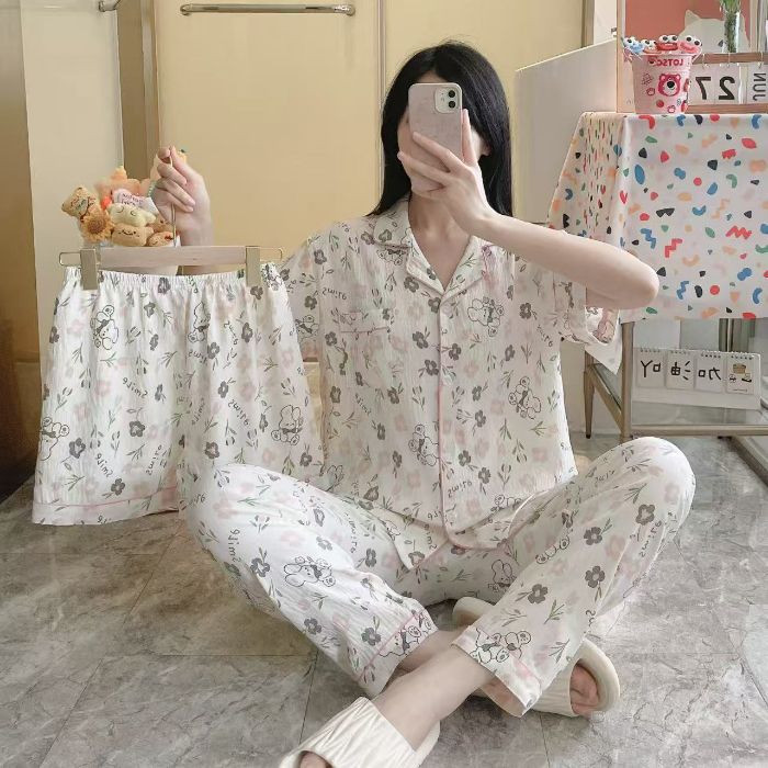 Venta al por mayor transfronteriza 120g pijamas de algodón de nube de verano de manga corta para mujer pantalones cortos de algodón de nube de verano de tres piezas servicio a domicilio de dibujos animados