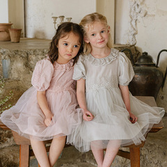 2024夏款草莓珊韓國女童女孩兒童公主華麗繡花紗紗短袖連衣裙