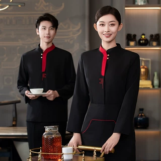 中式饭店餐饮服务员工作服长袖茶楼制印logo酒店中餐厅传菜员秋冬