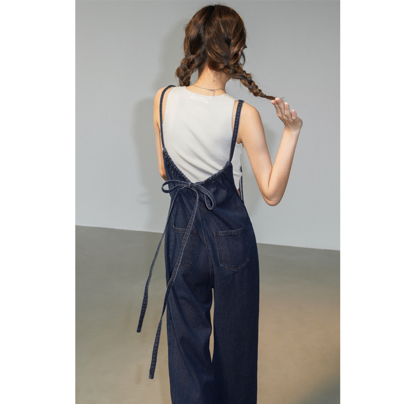 French-Style Denim Overalls for Women 2026 Spring and Autumn New Design Loose Wide-Leg Strap Denim Straight-Leg Pants