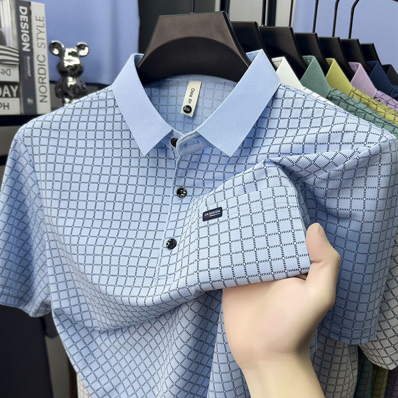 Men's Short-Sleeve T-Shirt for Dad, Summer Thin Style, Middle-Aged and Elderly Plaid Turn-Down Collar Half-Sleeve Dad's Ice Silk Polo Shirt