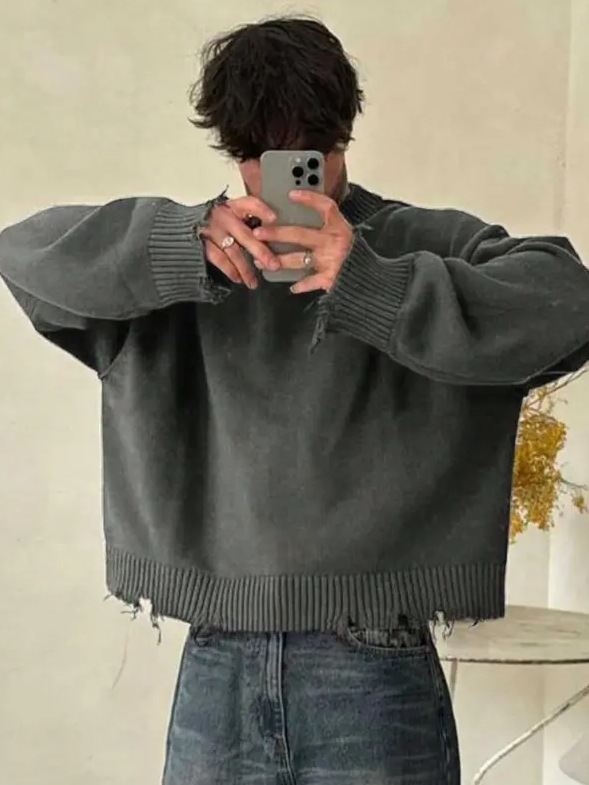 Cross-border retro americano otoño invierno perezoso suéter de cuello redondo para hombres Harajuku bordes de lana sueltos camisetas de punto casuales