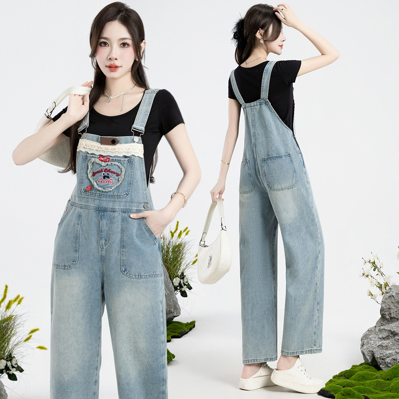 Real Shot of Design Denim Overalls for Women Spring & Fall 2025 New Cute Age-Reducing Korean Style Loose Straight Jumpsuit