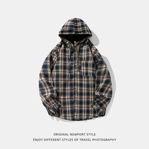 American Check Collar Shirt for Men 2025 Spring and Summer Couple Retro Long Sleeve Shirt with Contrasting Color Hooded Drawstring Design Outerwear