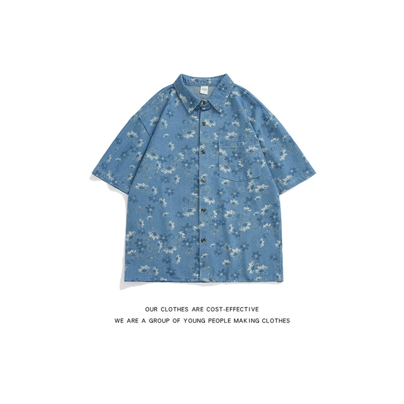 Мужская рубашка с полным принтом, летняя мужская рубашка в японском стиле, красивая универсальная свободная джинсовая куртка с короткими рукавами в стиле ретро, ​​свободная стирка, праздничный стиль