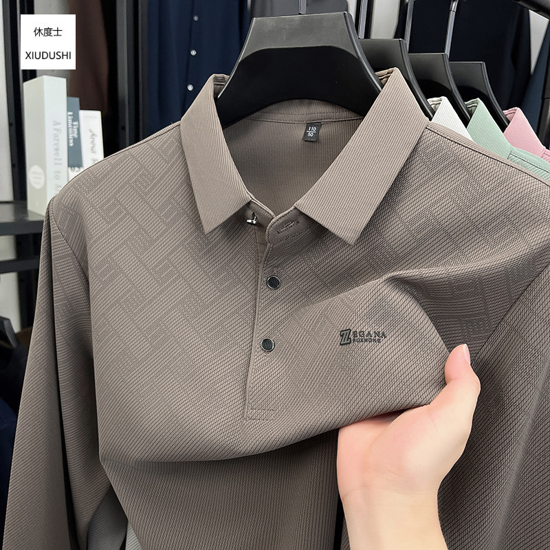 Spring and Autumn Men's Long-Sleeved T-Shirt with Lapels, Casual and Versatile Polo Shirt, Middle-Aged T-Shirt, Loose-Fitting Dad Wear